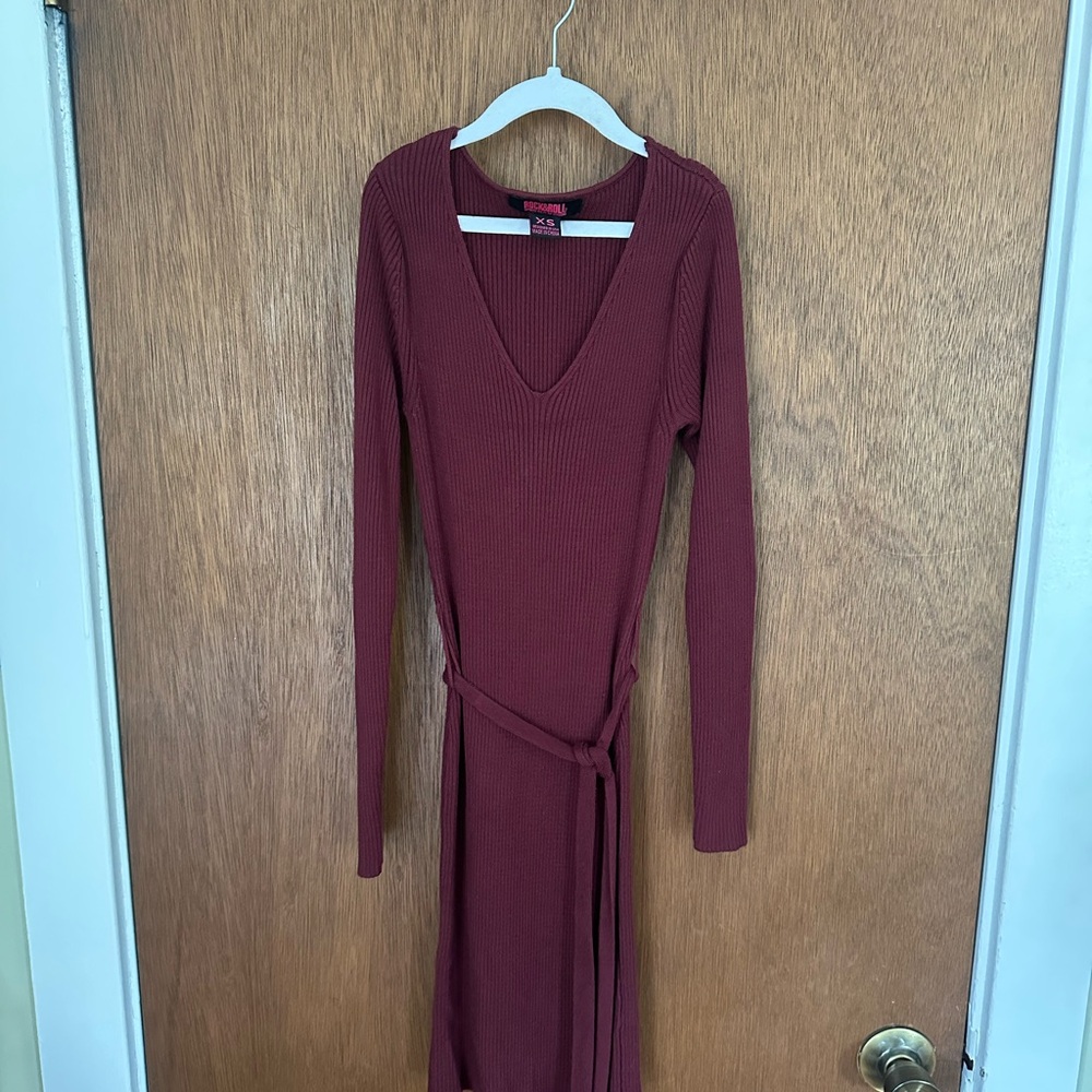 Rock & Roll Denim Red Long Sleeve V-Neck Bodycon Dress